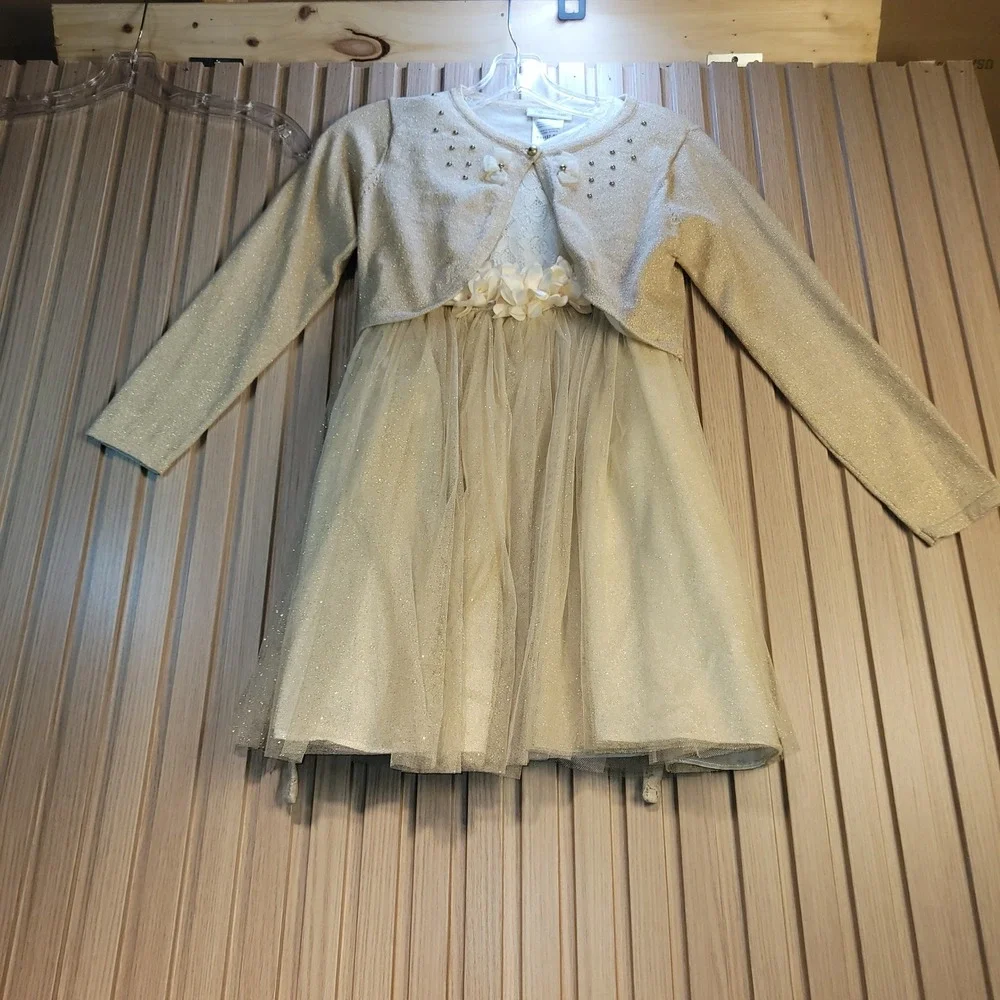 Bonnie Jean Girls Gold Glitter Tulle Lace Dress & Cardigan Set Size M 7